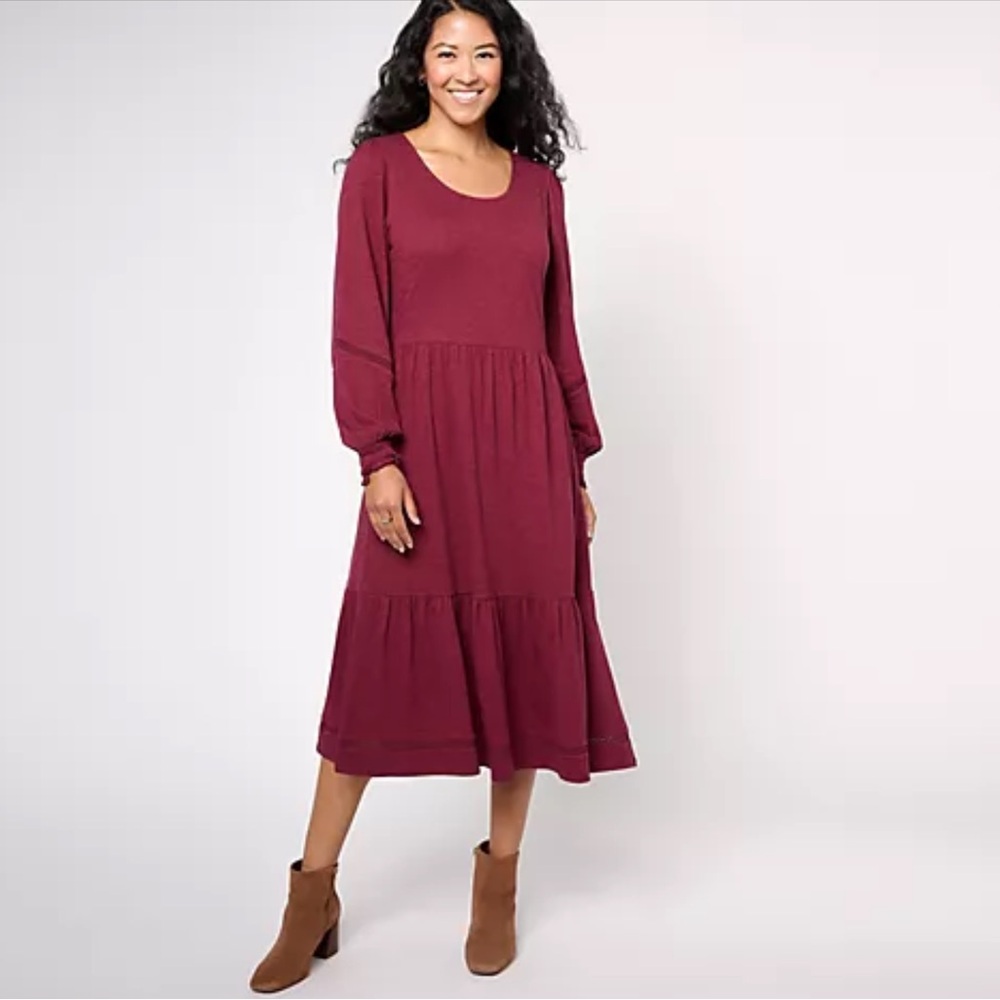 Canyon Retreat Women’s 1XP mulberry red long sleeve tiered prairie dress in EUC